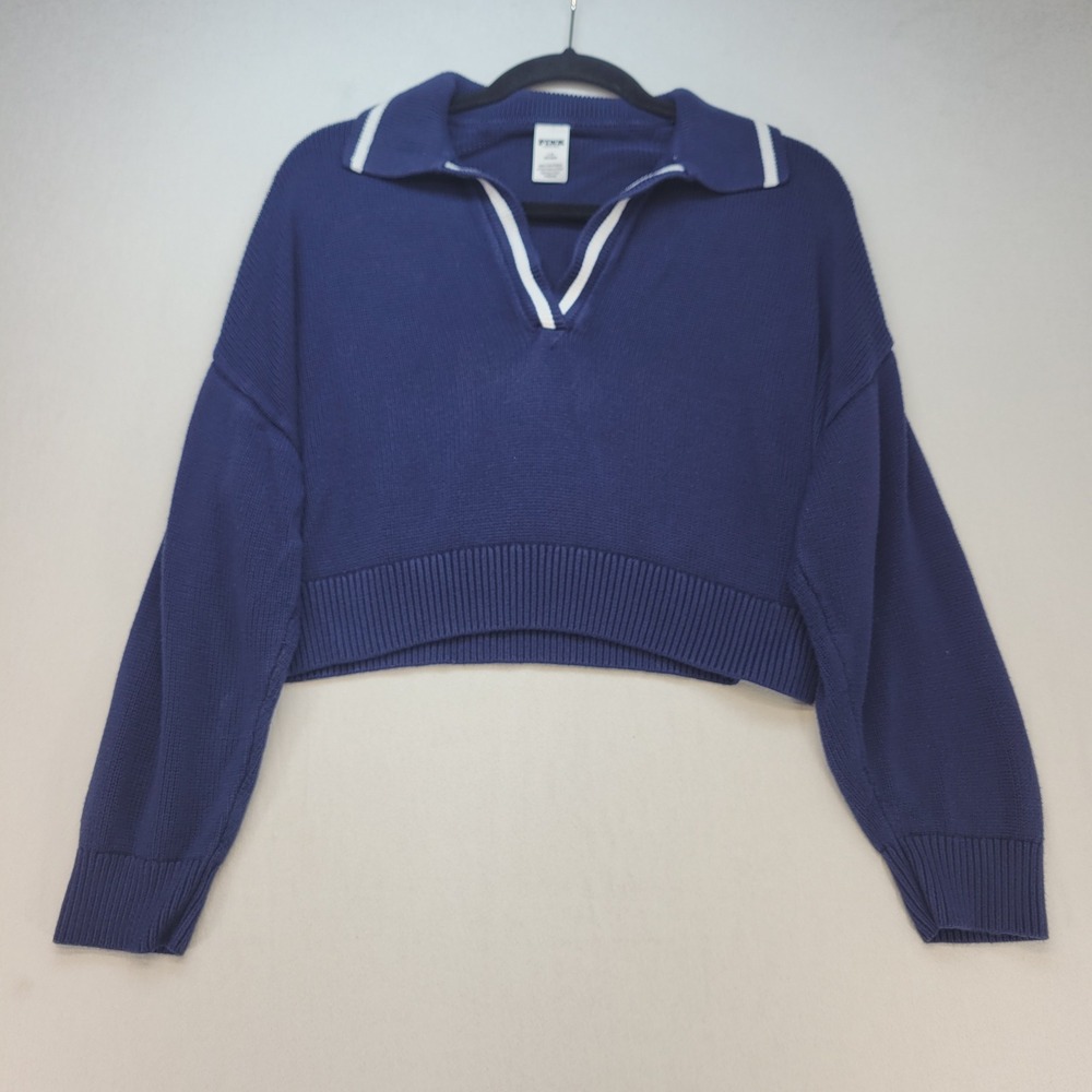 PINK Victoria's Secret Sweater Womens L Blue Preppy Cropped V-Neck Polo Knit